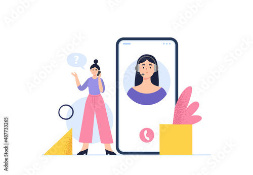 A woman call to a customer support. Live chat, hotline operators. Customer support department staff, telemarketing agents. Online technical support 24 7 concept. Vector flat illustration.