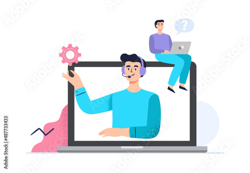 A man chat with to a personal assistant service at the laptop. Customer support and telemarketing agents. Online global technical support 24 7 concept. Vector flat illustration.