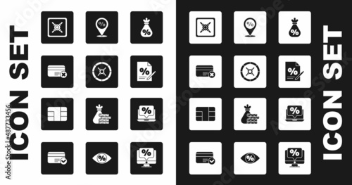 Set Money bag with percent, Safe, Credit card remove, Finance document, Location discount, Percent and laptop and chip icon. Vector