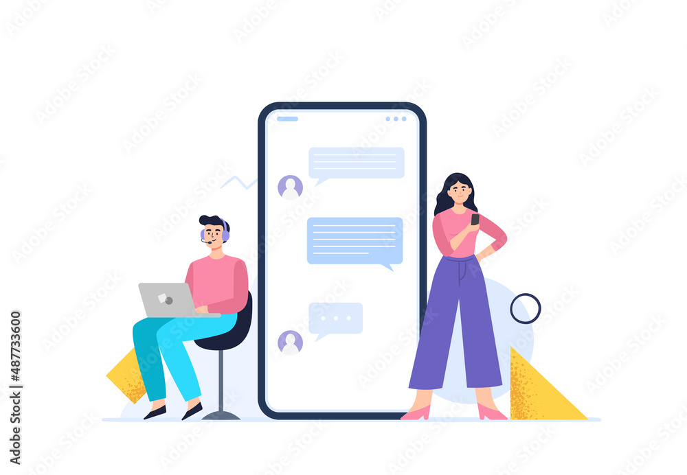 A woman chat with to a personal assistant service. Live chat operators. Customer support department staff, telemarketing agents. Online technical support 24 7 concept. Vector flat illustration. A woman chat with to a personal assistant service. Live chat operators. Customer support department staff, telemarketing agents. Online technical support 24 7 concept. Vector flat illustration.