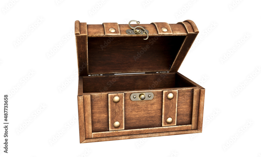 Wooden chest isolated on a white background. Old wooden chest with an open lid. Vintage box. 3d illustration Wooden chest isolated on a white background. Old wooden chest with an open lid. Vintage box. 3d illustration
