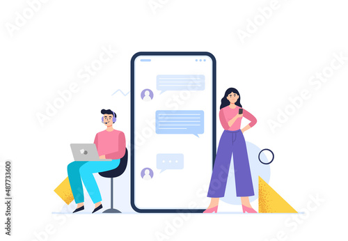 A woman chat with to a personal assistant service. Live chat operators. Customer support department staff, telemarketing agents. Online technical support 24 7 concept. Vector flat illustration.