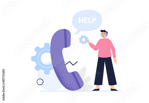A client calls to personal assistant service. Customer support department staff, telemarketing agents. Online technical support 24 7 concept. Vector flat illustration.