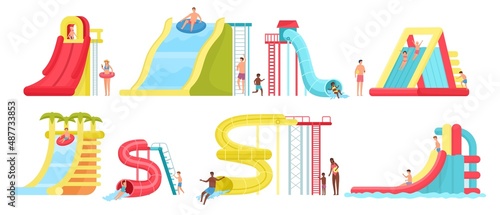 Families with kids have fun on water slides and spirals in aquapark. Summer swim activity. Adults and children in inflatable ring vector set
