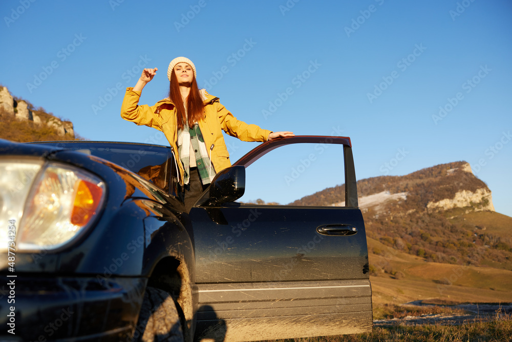 woman black car nature travel adventure relaxation