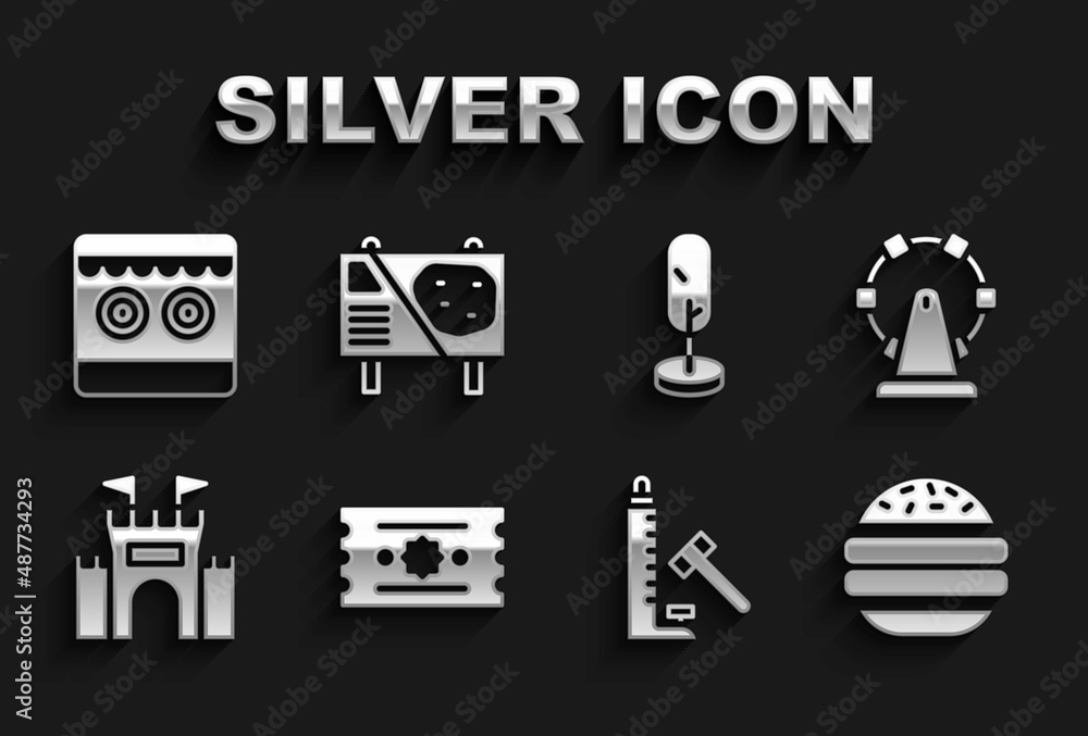 Set Ticket, Ferris wheel, Burger, Striker attraction with hammer, Castle, Tree, Shooting gallery and Amusement park billboard icon. Vector Set Ticket, Ferris wheel, Burger, Striker attraction with hammer, Castle, Tree, Shooting gallery and Amusement park billboard icon. Vector