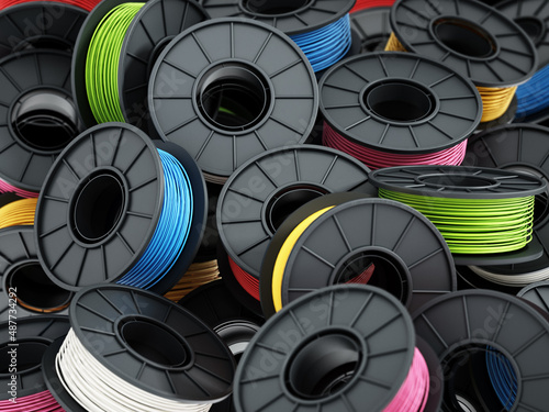 Stack of colorful 3D printer filaments. 3D illustration