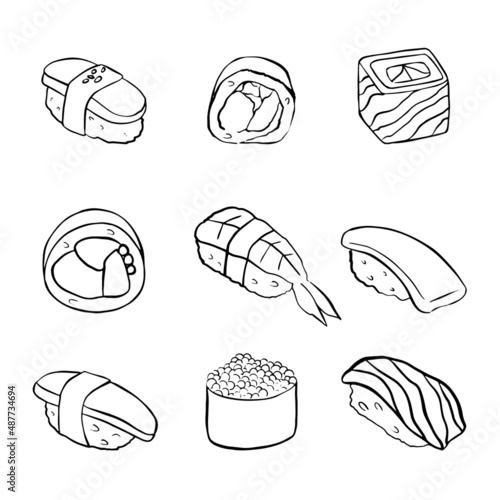 Sushi and sashimi doodle vector set. Delicious hearty rolls are collected for decoration and infographics, to illustrate food products. Rice, salmon, tuna, avocado, tobiko, nori