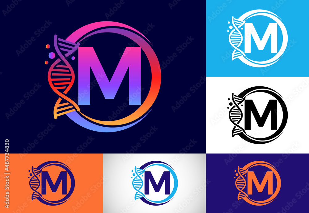 Initial M monogram alphabet in a circle with DNA. Genetics logo design concept. Logo for medicine, science, laboratory, business, and company identity Initial M monogram alphabet in a circle with DNA. Genetics logo design concept. Logo for medicine, science, laboratory, business, and company identity