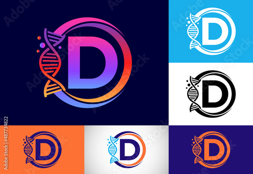 Initial D monogram alphabet in a circle with DNA. Genetics logo design concept. Logo for medicine, science, laboratory, business, and company identity