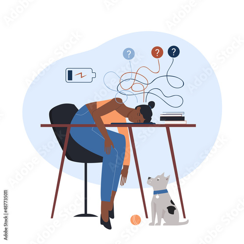 Work burnout and stress of unmotivated exhausted person. Sad tired woman sitting at desk with laptop and low battery, female confused office worker flat vector illustration. Crisis, tiredness concept