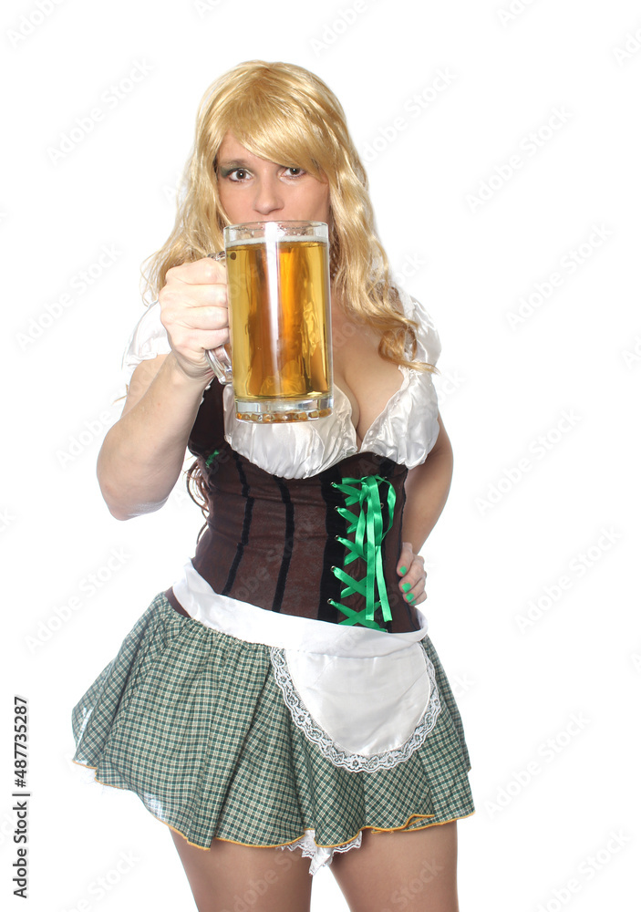 Tavern Waitress With Beer Mug on White Background Tavern Waitress With Beer Mug on White Background