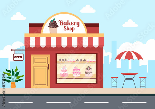 Fototapeta Naklejka Na Ścianę i Meble -  Bakery Shop Building That Sells Various Types of Bread such as White Bread, Pastry and Others All Baked in Flat Background for Poster Illustration