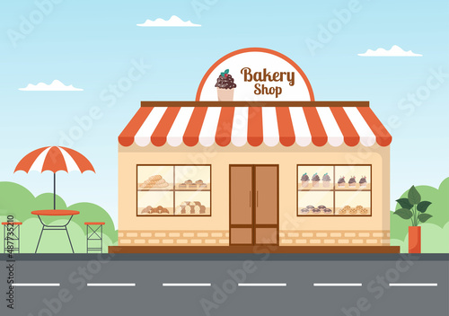 Bakery Shop Building That Sells Various Types of Bread such as White Bread, Pastry and Others All Baked in Flat Background for Poster Illustration © denayune