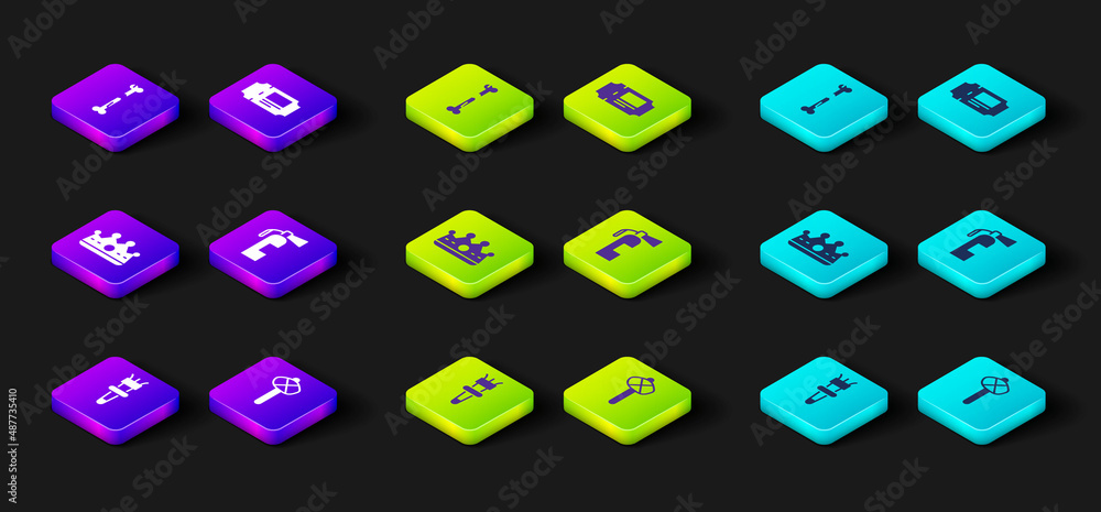 Set Torch flame, Stone age hammer, King crown, Fire extinguisher, Museum ticket and Human broken bone icon. Vector Set Torch flame, Stone age hammer, King crown, Fire extinguisher, Museum ticket and Human broken bone icon. Vector