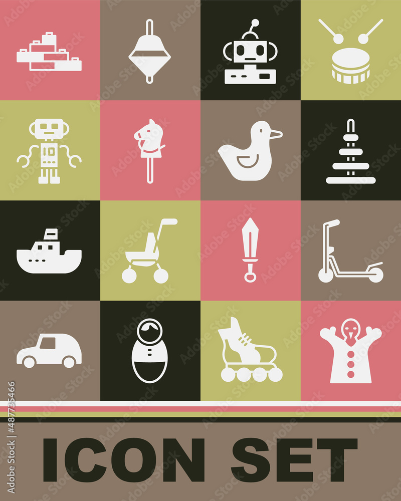 Set Toy puppet doll on hand, Scooter, Pyramid toy, Robot, horse, building block bricks and Rubber duck icon. Vector Set Toy puppet doll on hand, Scooter, Pyramid toy, Robot, horse, building block bricks and Rubber duck icon. Vector
