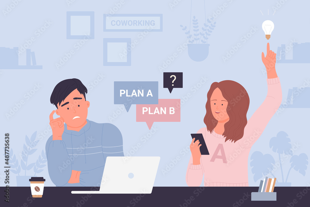 Managers choose right solution, think about choice of plan vector illustration. Cartoon man and woman employees sitting with laptop at desk on meeting, clever girl with new idea. Innovation concept Managers choose right solution, think about choice of plan vector illustration. Cartoon man and woman employees sitting with laptop at desk on meeting, clever girl with new idea. Innovation concept