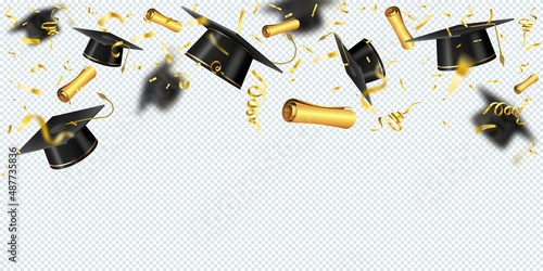 Realistic background with flying graduation caps, gold confetti and diploma. School or university students graduate ceremony vector banner