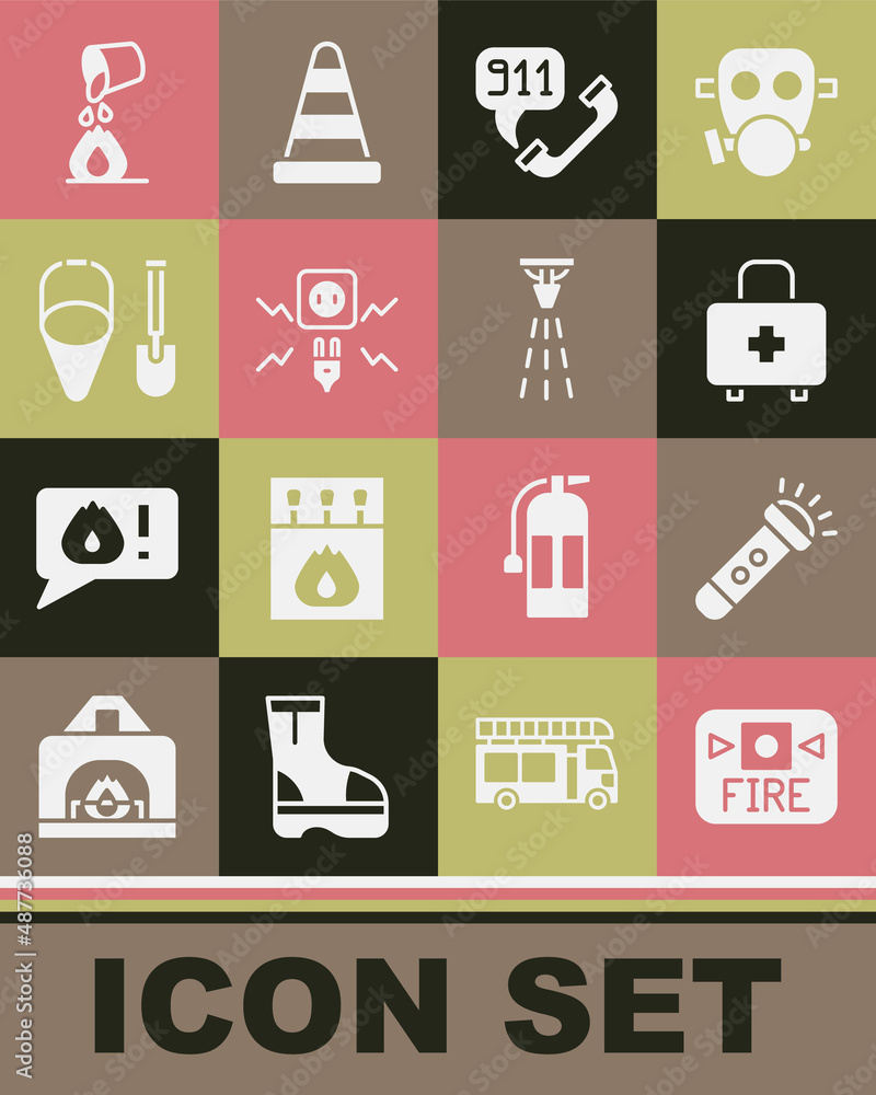 Set Fire alarm system, Flashlight, First aid kit, Telephone call 911, Electricity spark, shovel and bucket, Bucket extinguishing fire and sprinkler icon. Vector Set Fire alarm system, Flashlight, First aid kit, Telephone call 911, Electricity spark, shovel and bucket, Bucket extinguishing fire and sprinkler icon. Vector