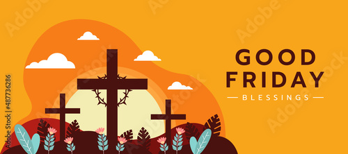 Canvas Print good friday - three Cross crucifix with circle thorns on hill at sunset for good