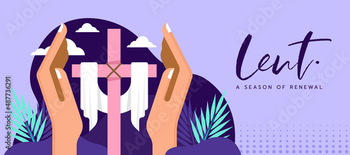 lent, a season of renewal - big hands hold care lent cross crucifix and plam leaves on floor vector design