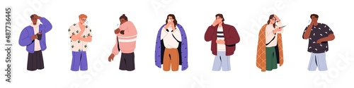Sick people set. Men and women have flu, cold. Ill characters with influenza, virus symptoms, sore throat, running nose, fever, headache. Flat graphic vector illustrations isolated on white background