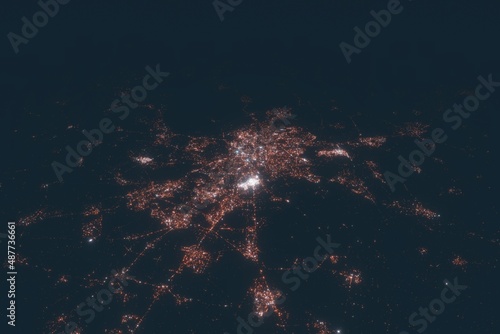 Madrid aerial view at night. Top view on modern city with street lights