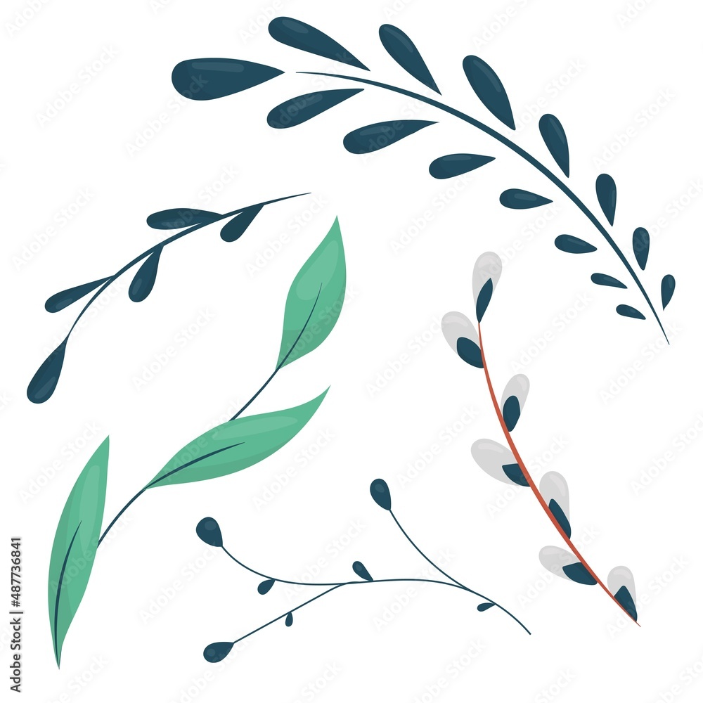 fresh green twigs and leaves, spring willow, cute flat style vector element isolated on white background