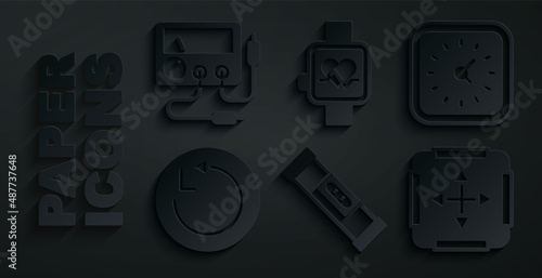 Set Construction bubble level, Clock, Radius, Area measurement, Smart watch and Multimeter, voltmeter icon. Vector