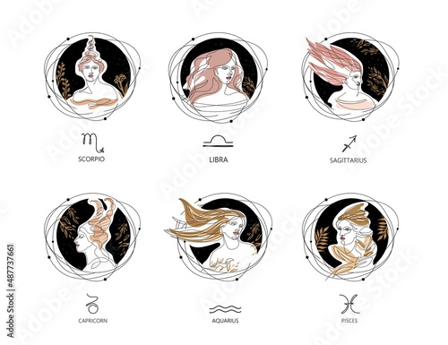 Set of zodiac signs. Aries, Taurus, Gemini, Cancer Virgo Leo. One line drawing.