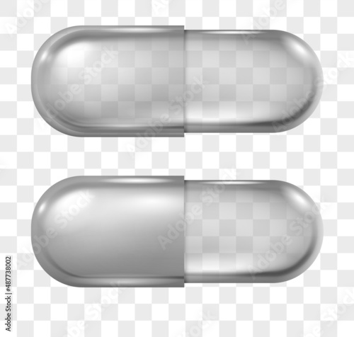 Realistic empty transparent pharmacy capsule pill mockup. Antibiotic, medicine or vitamin drug tablet. Medical pain relief pills vector set