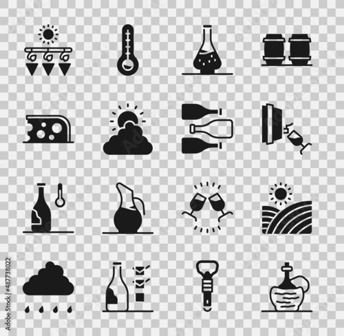 Set Wine in italian fiasco bottle, Vineyard wine grapes, tasting, degustation, Decanter for, Sun and cloud weather, Cheese, Drying and Bottles of icon. Vector