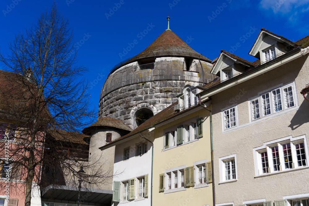 Fortification stone tower named Riedholzturm at the old town of Solothurn on a sunny winter day. Photo taken February 7th, 2022, Solothurn, Switzerland.