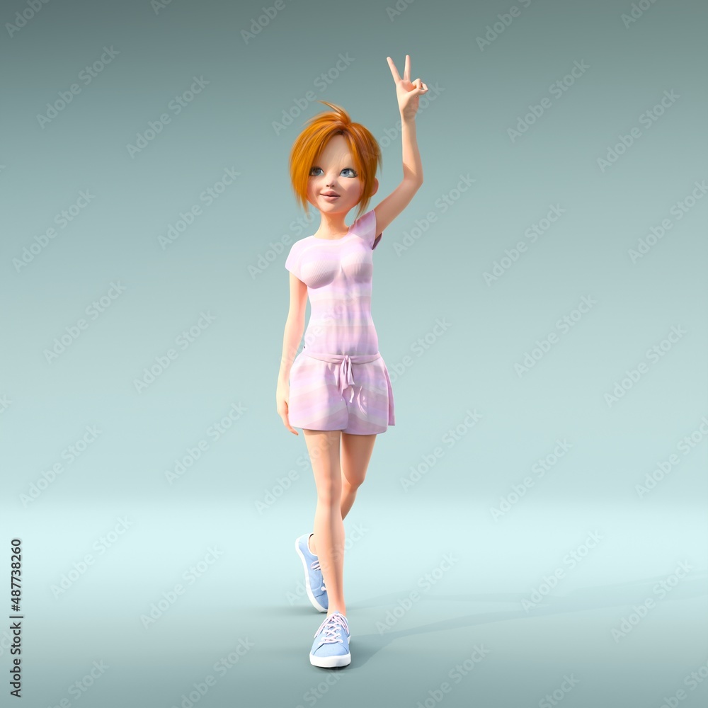 Conceptual 3D image of a girl in cartoon style. The girl goes and looks into the camera. Conceptual 3D image of a girl in cartoon style. The girl goes and looks into the camera.