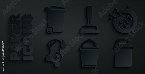Set Bucket, Washing dishes, Sponge, Trash can, Rubber plunger and icon. Vector