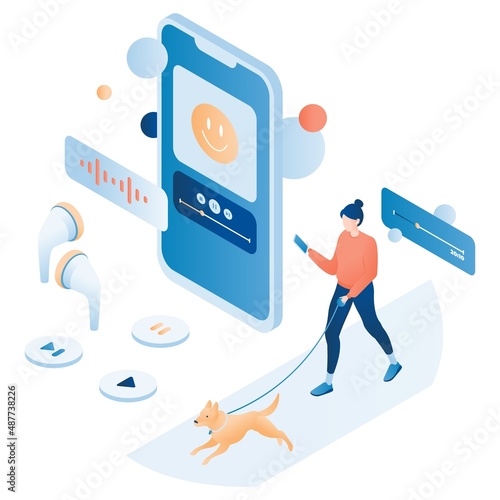 Woman walking dog with smartphone, listening to music, radio, audiobook or podcast online, vector isometric illustration