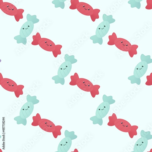 cute summer pattern for kids - colorful candies on light blue background