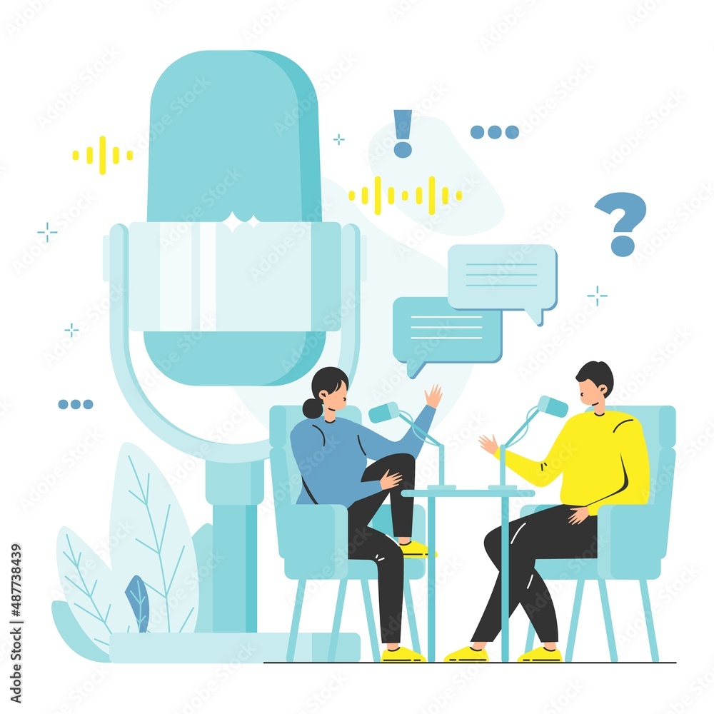 People making podcast, audio content in studio, vector illustration. Podcasting, broadcasting, online radio concept. People making podcast, audio content in studio, vector illustration. Podcasting, broadcasting, online radio concept.