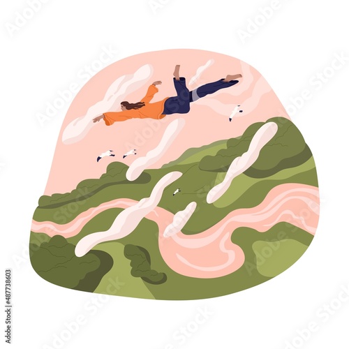 Person flying in sky. Human dream with character flies in fantastic world. Woman floating in air in wonderland, fantasy. Surreal dreamland. Flat vector illustration isolated on white background