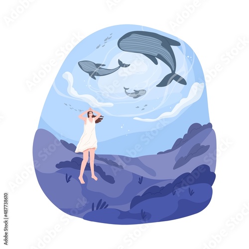 Persons dream with whales in sea. Fantastic underwater wonderland, ocean bottom. Woman under water in fantasy. Surreal fairy world. Flat graphic vector illustration isolated on white background