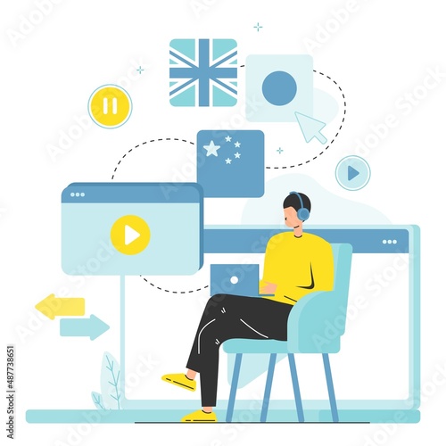 Student studying foreign languages using online multi language translator, flat vector illustration. Learning languages.