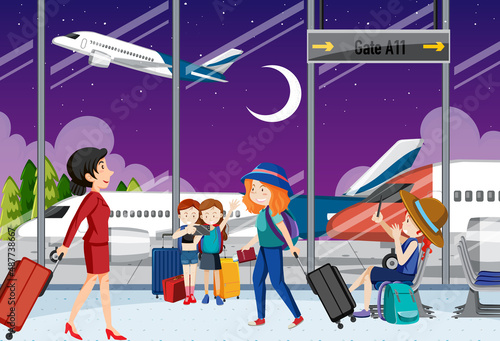 Airport terminal with tourists and aircrews