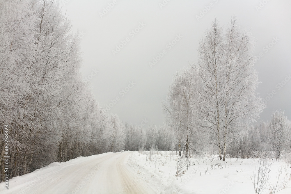 Russian rural road covered with white snow.