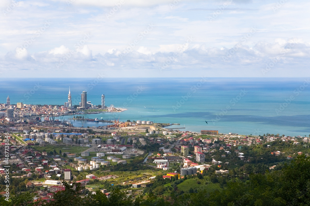 View of the city of Batumi and the Black Sea coast on a summer day.