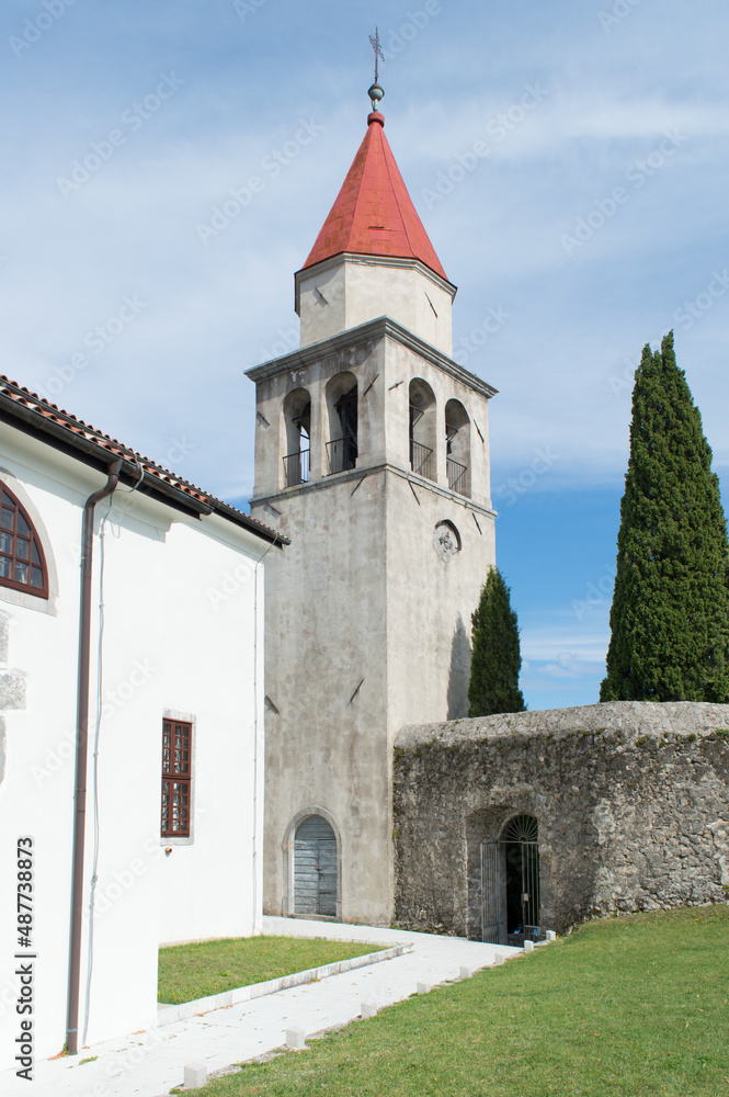 Church of St. Mark with impressive bell tower and church yard in a small hilltop town Veprinac, above Opatija Riviera, Croatia Church of St. Mark with impressive bell tower and church yard in a small hilltop town Veprinac, above Opatija Riviera, Croatia