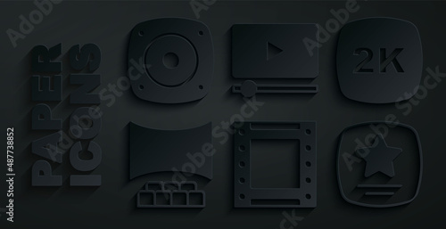 Set Play video, 2k Ultra HD, Cinema auditorium with screen, Walk of fame star, Online play and Stereo speaker icon. Vector