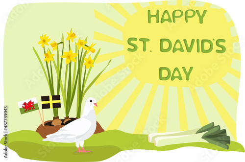 St davids day. Leek, daffodil and flag. Vector illustration.