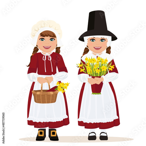 Women and girls in traditional Welsh dress. St David's Day. Vector illustration.