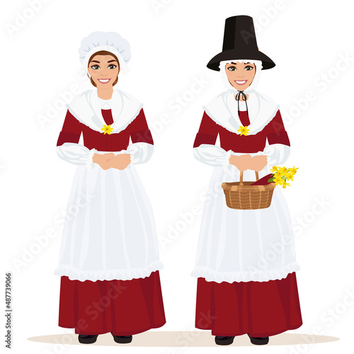 Women and girls in traditional Welsh dress. St David's Day. Vector illustration.