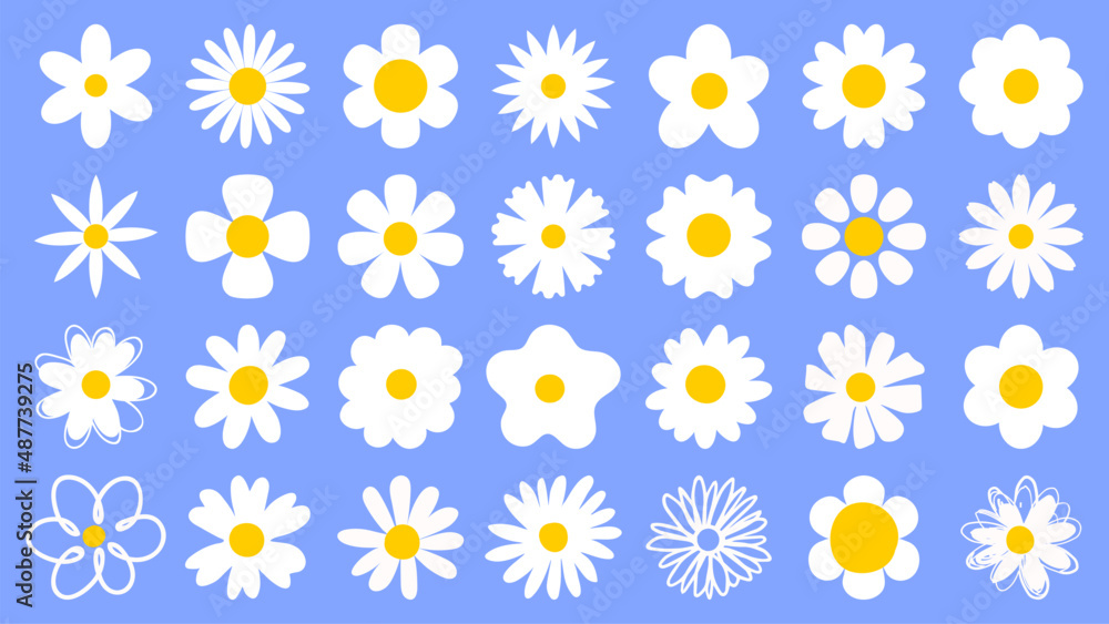 Cartoon daisy logo designs, chamomile flower icons. Flat spring floral elements. Blossom flowers with white petals. Doodle daisy vector set Cartoon daisy logo designs, chamomile flower icons. Flat spring floral elements. Blossom flowers with white petals. Doodle daisy vector set